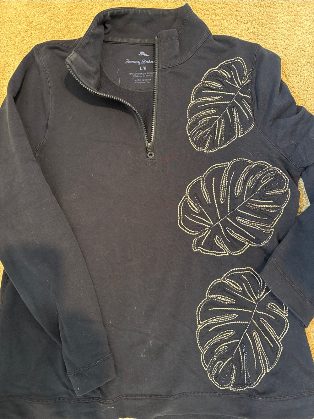 Tommy Bahama Navy Sweater with Cream Leaf Embroidery
